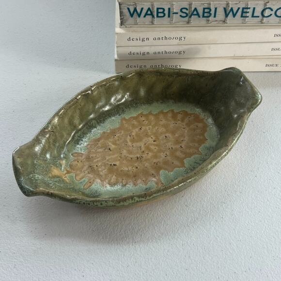 Pottery Art Green Brown Au Gratin Dish Oval Serving Stoneware Hand Made & Signed - Picture 1 of 12